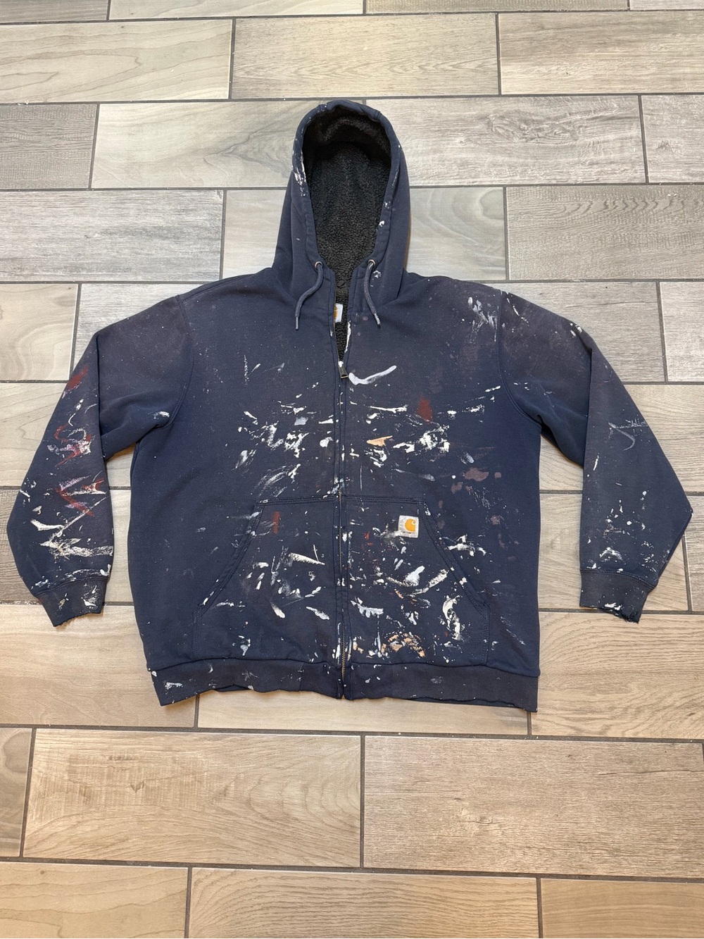 Carhartt Sherpa-Lined Full Zip Work Hoodie Paint Splatter Distressed